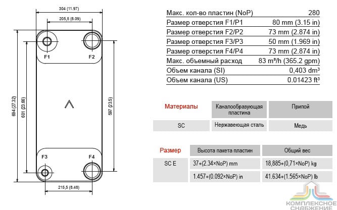 Габаритный чертёж и параметры паяного пластинчатого теплообменника SWEP B400