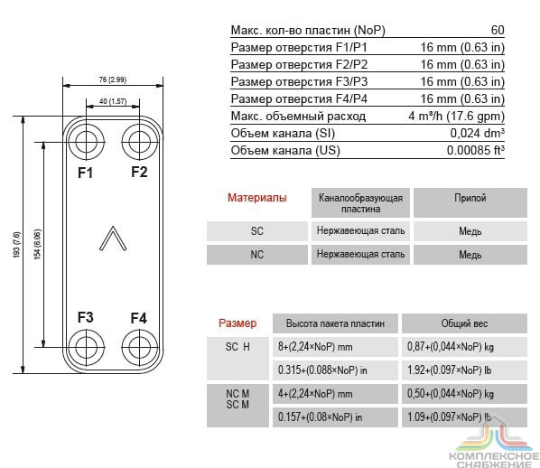 Габаритный чертёж и параметры паяного пластинчатого теплообменника SWEP B5T